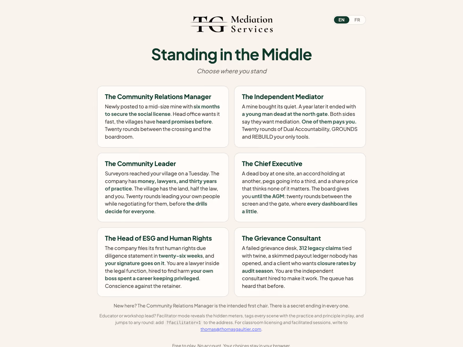 The opening screen of Standing in the Middle, showing the six chairs a player can take