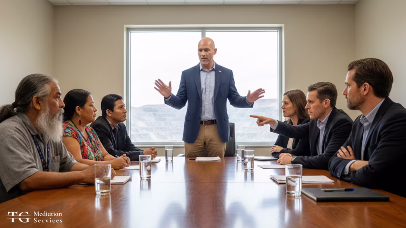 A professional mediator stands at the head of a conference table facilitating dialogue between Indigenous community representatives and mining company executives, with an open-pit mine visible through the window behind him — illustrating the human dimension of extractive industry conflict resolution.