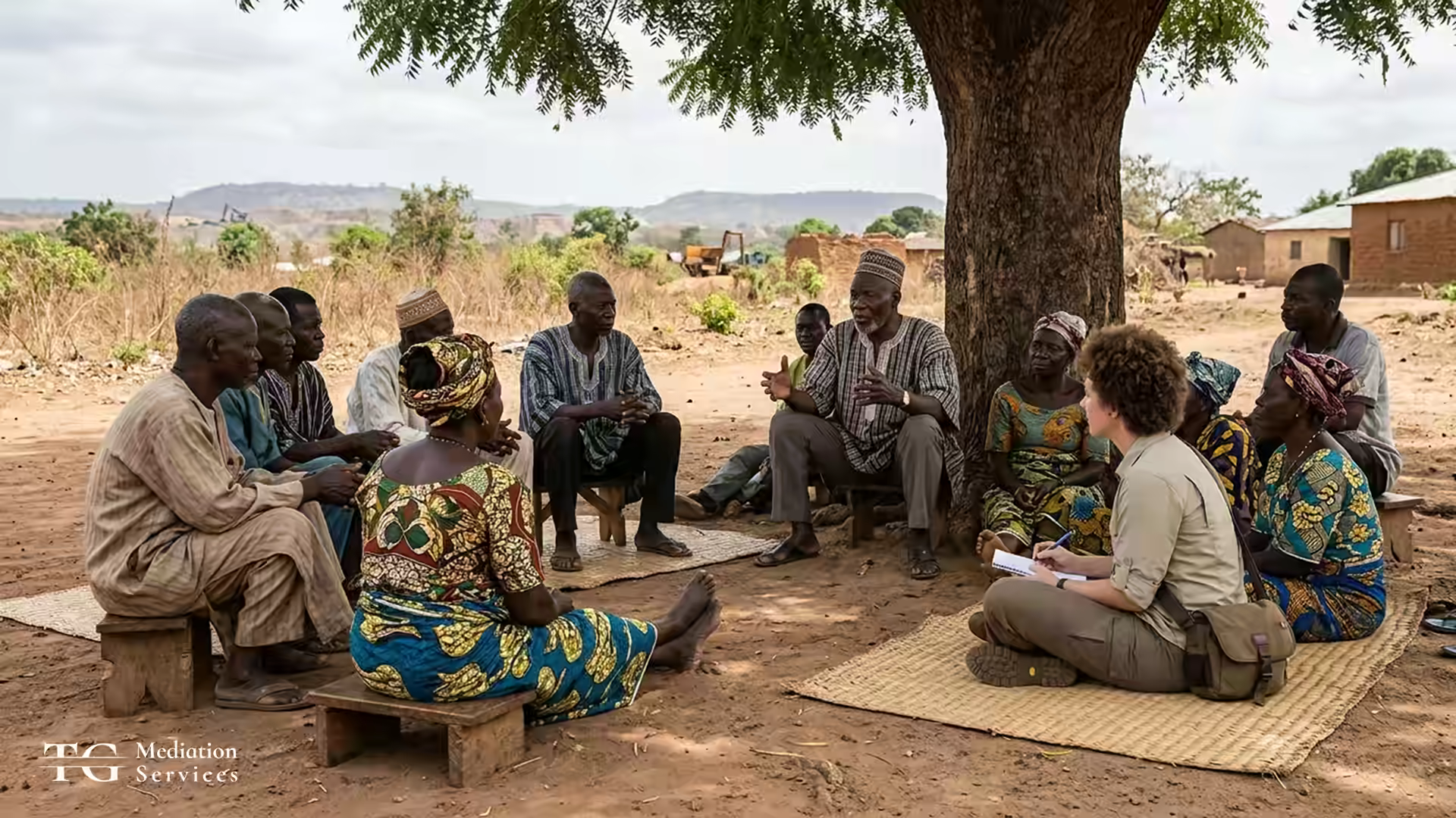 Community members speaking with a field facilitator beneath a tree.