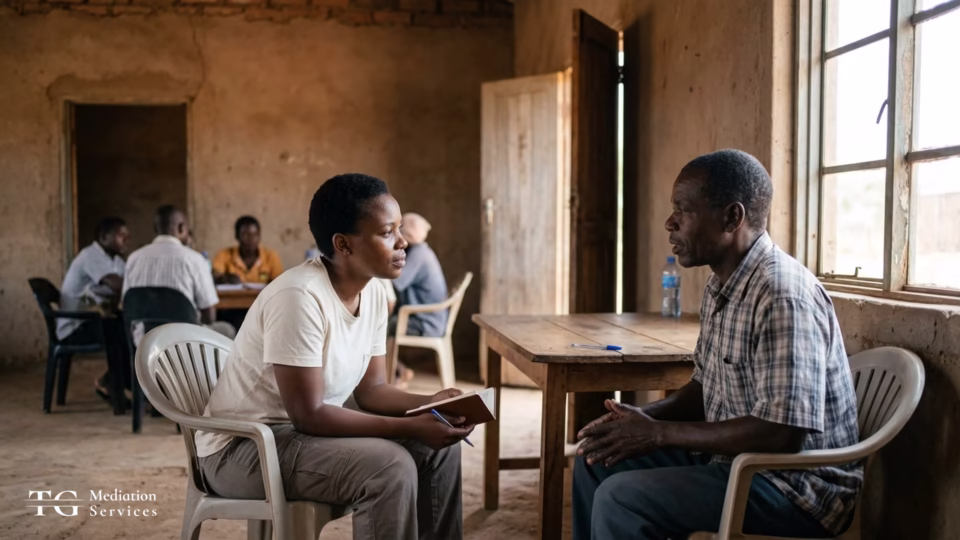 Mediator and community representative in a private conversation in a rural meeting room, with other participants in the background.