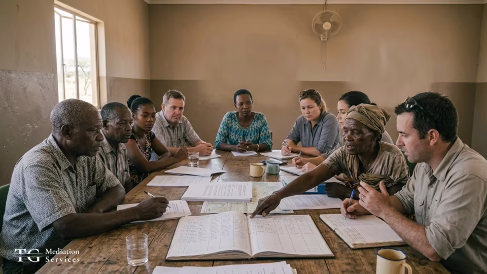 Community members and mining representatives sit around a table reviewing maps, ledgers, and agreement documents.