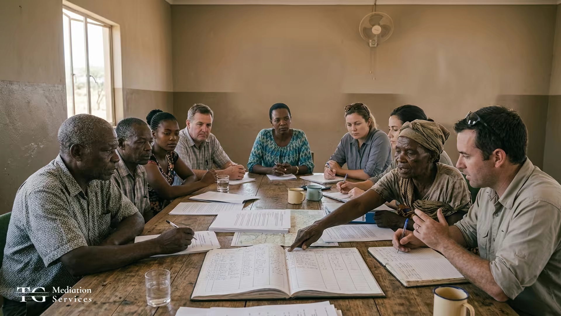 Community members and mining representatives sit around a table reviewing maps, ledgers, and agreement documents.