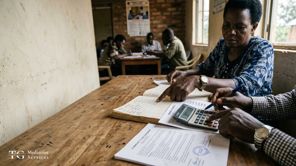 Community representatives review benefit agreement documents and calculate figures at a wooden table.