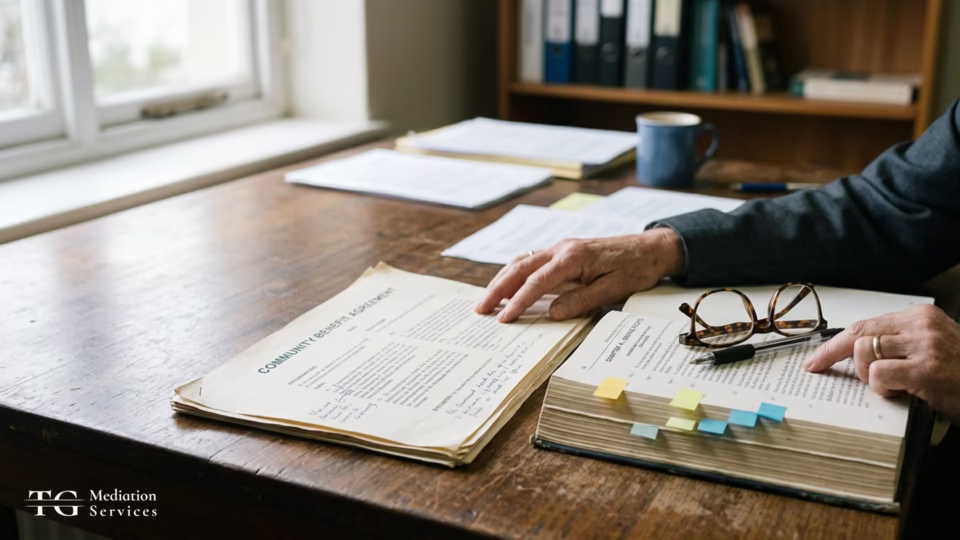 A person reviews marked-up community benefit agreement documents beside an open reference book.