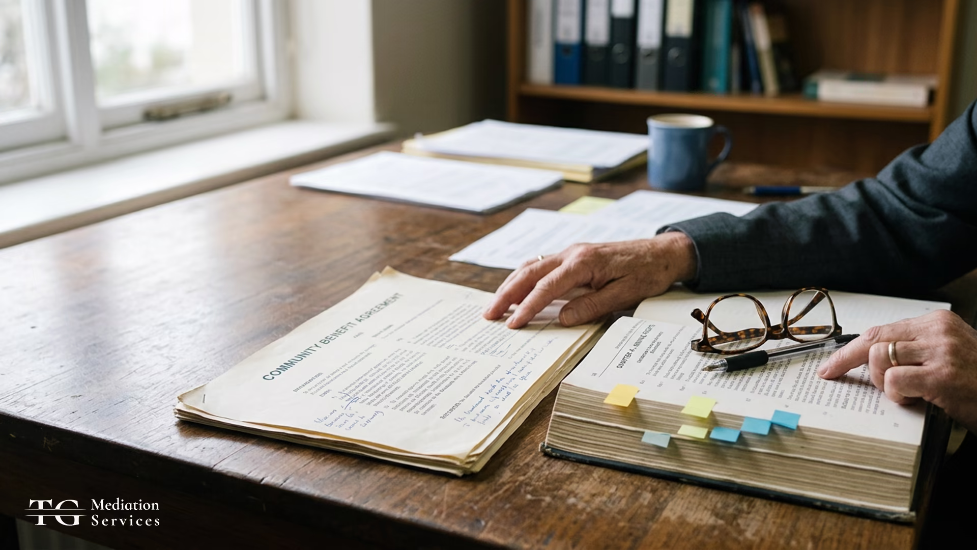 A person reviews marked-up community benefit agreement documents beside an open reference book.