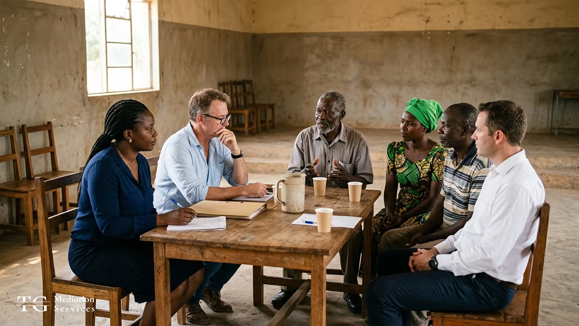 Two mediators meet with community members at a wooden table in a simple room.