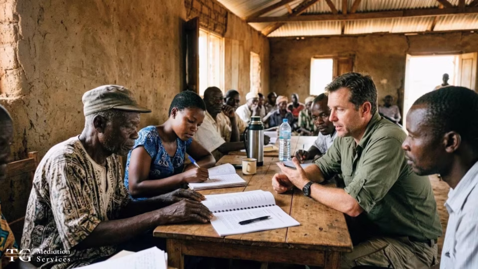 Community representatives and a mediator reviewing a community benefit agreement during a group meeting.
