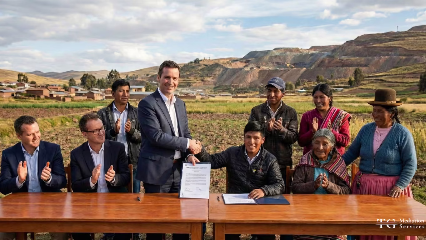 Community leaders reviewing community benefit agreement terms during mining project negotiation.