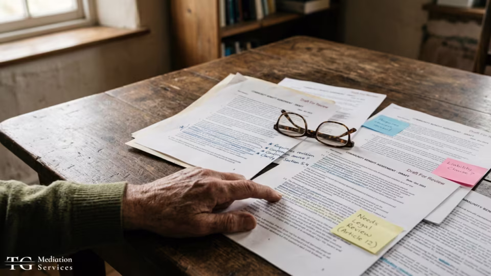A person reviewing annotated community benefit agreement drafts with glasses and sticky notes on a wooden table.