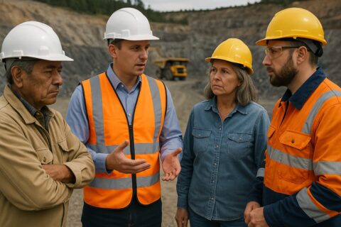 A mediator wearing a safety vest and hard hat speaks with three community or stakeholder representatives at an open-pit mine. All individuals wear protective equipment and appear engaged in a constructive discussion.