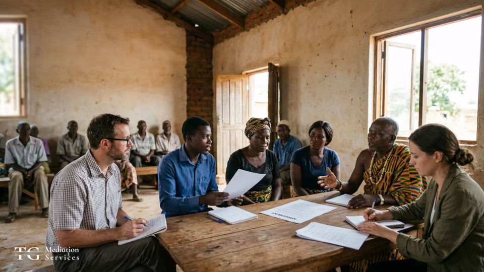 Community representatives and facilitators discussing documents around a table during a local meeting.