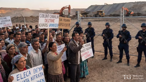 Local community members holding protest signs at mining site fence with security personnel and excavation equipment in background.
