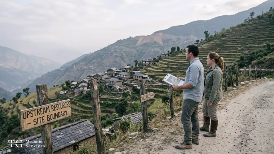 Two professionals review documents on a mountain road beside a mining site boundary sign.