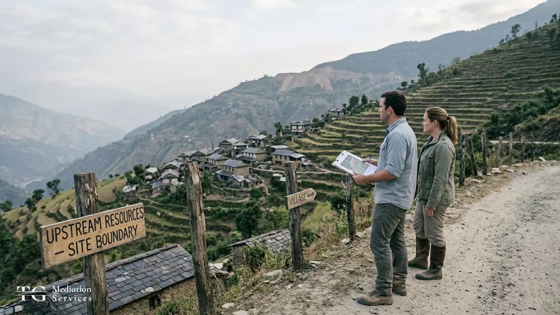 Two professionals review documents on a mountain road beside a mining site boundary sign.