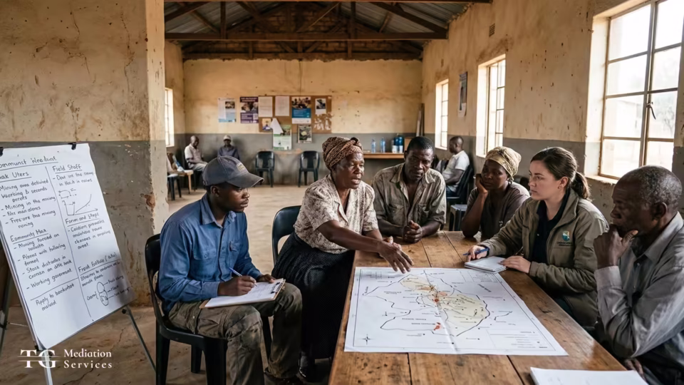 Community members and mine site representatives seated as equals around a shared map, working through a decision together in a rural meeting hall.