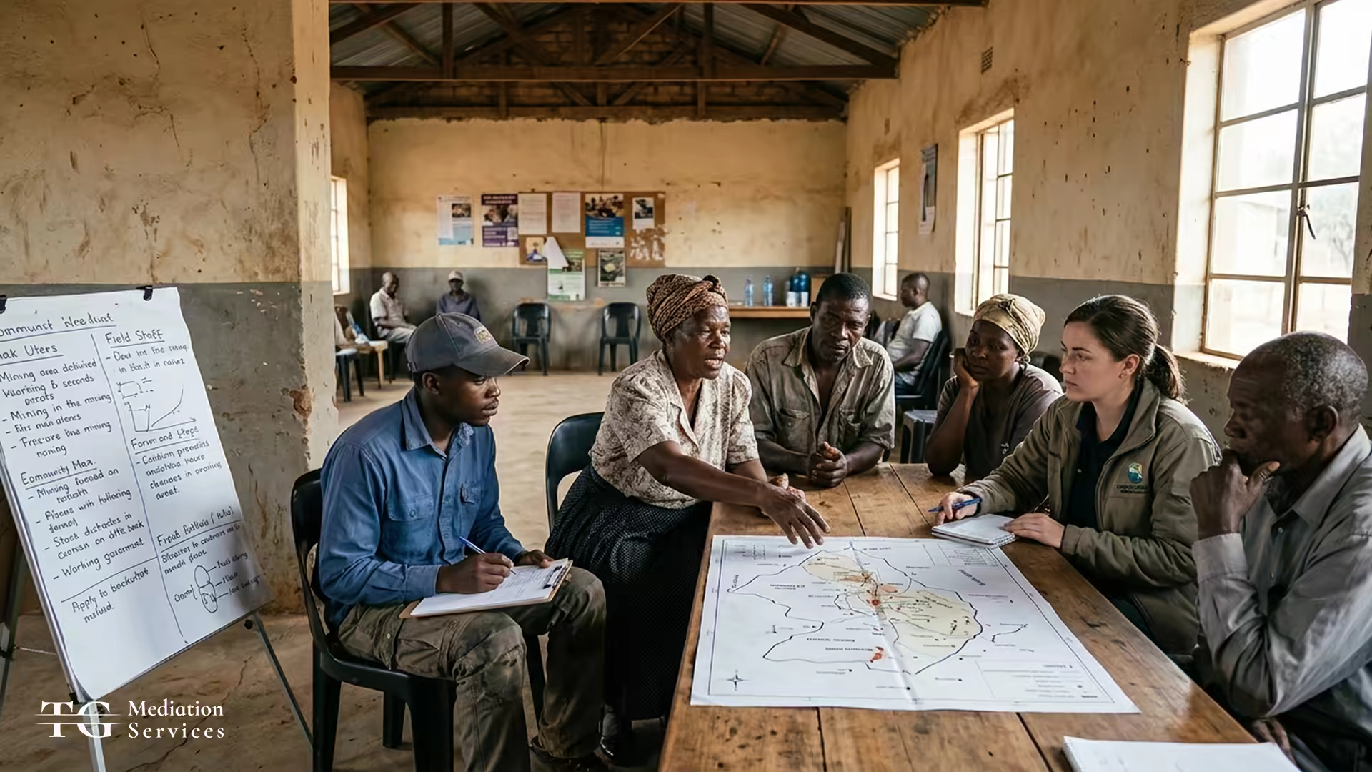 Community members and mine site representatives seated as equals around a shared map, working through a decision together in a rural meeting hall.