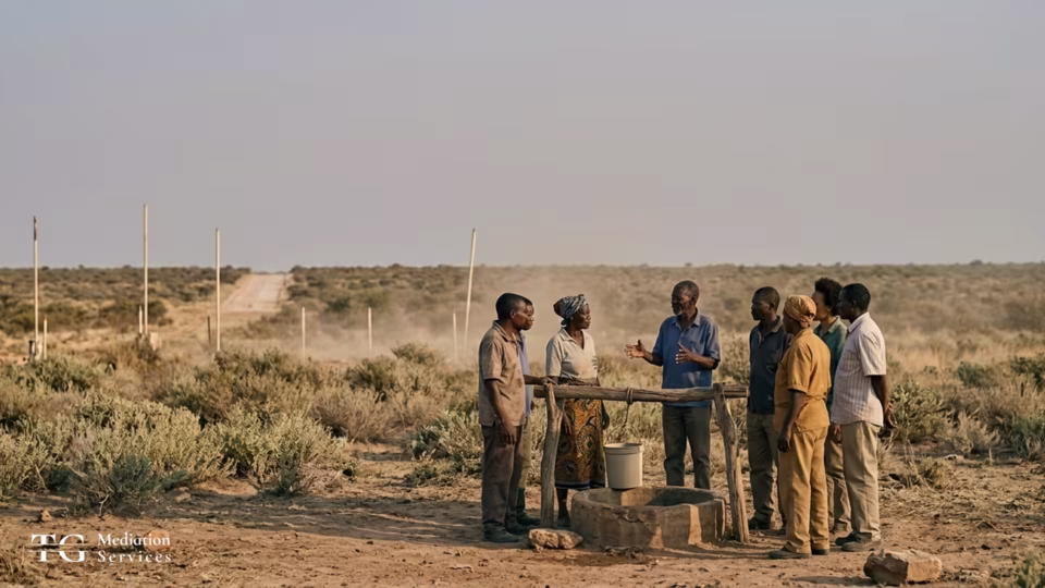 A group discusses project plans around a small field table beside an access road in a dry landscape.