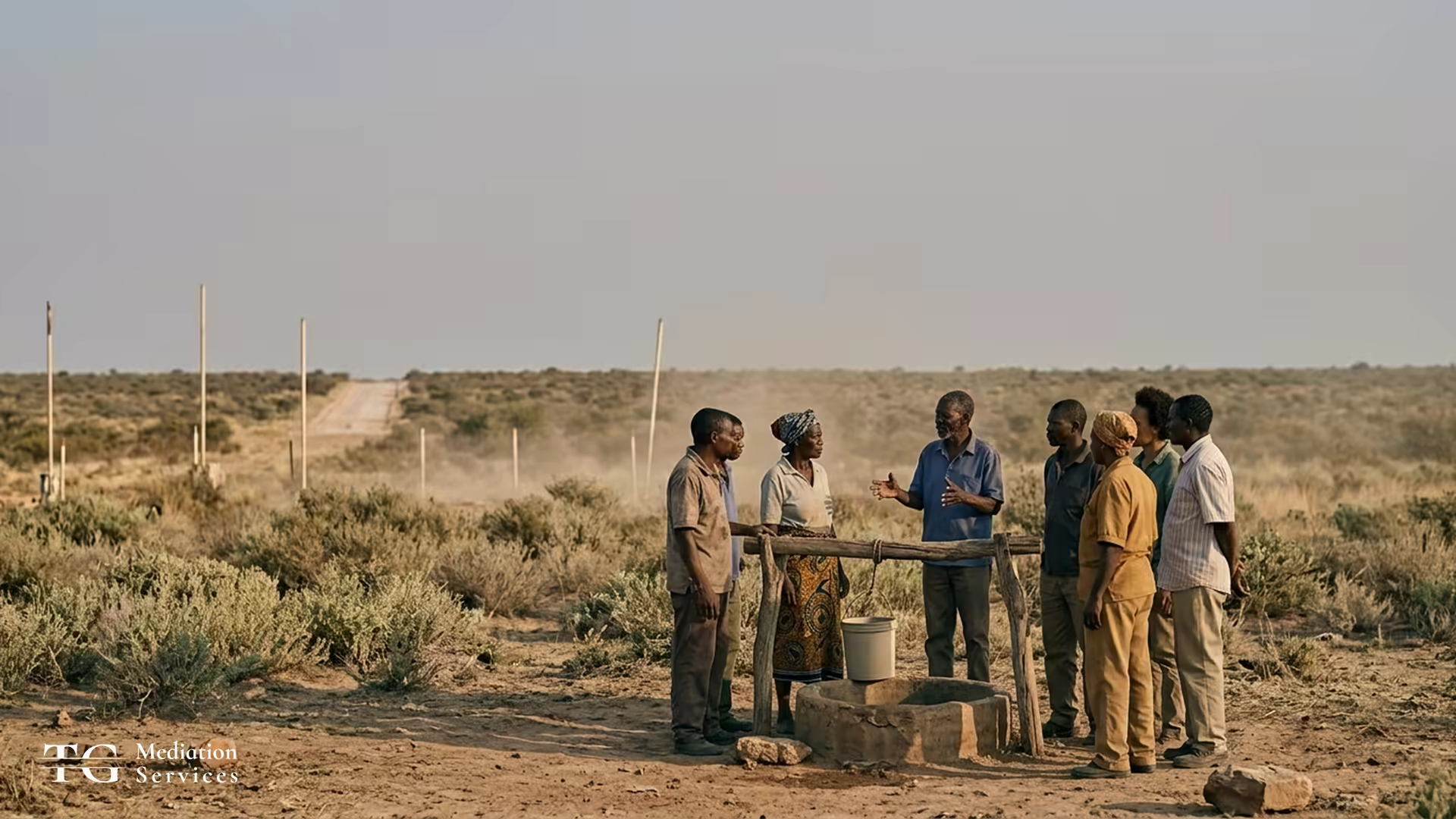 A group discusses project plans around a small field table beside an access road in a dry landscape.
