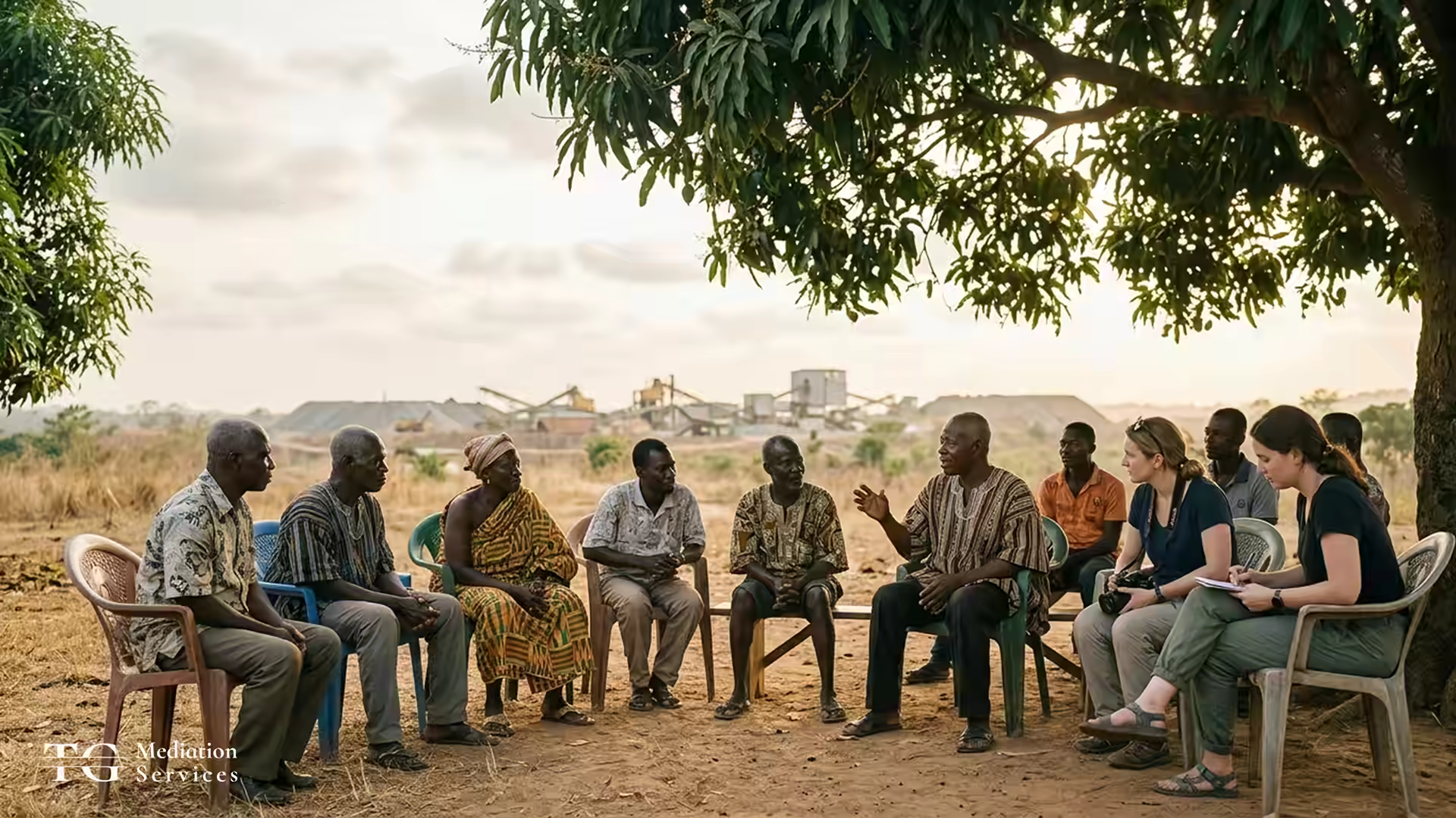 Mining-community mediation meeting held outdoors under a large tree, with mine buildings in the distance.