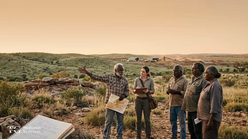 Community members and a heritage specialist examining a landscape beside a mining site.