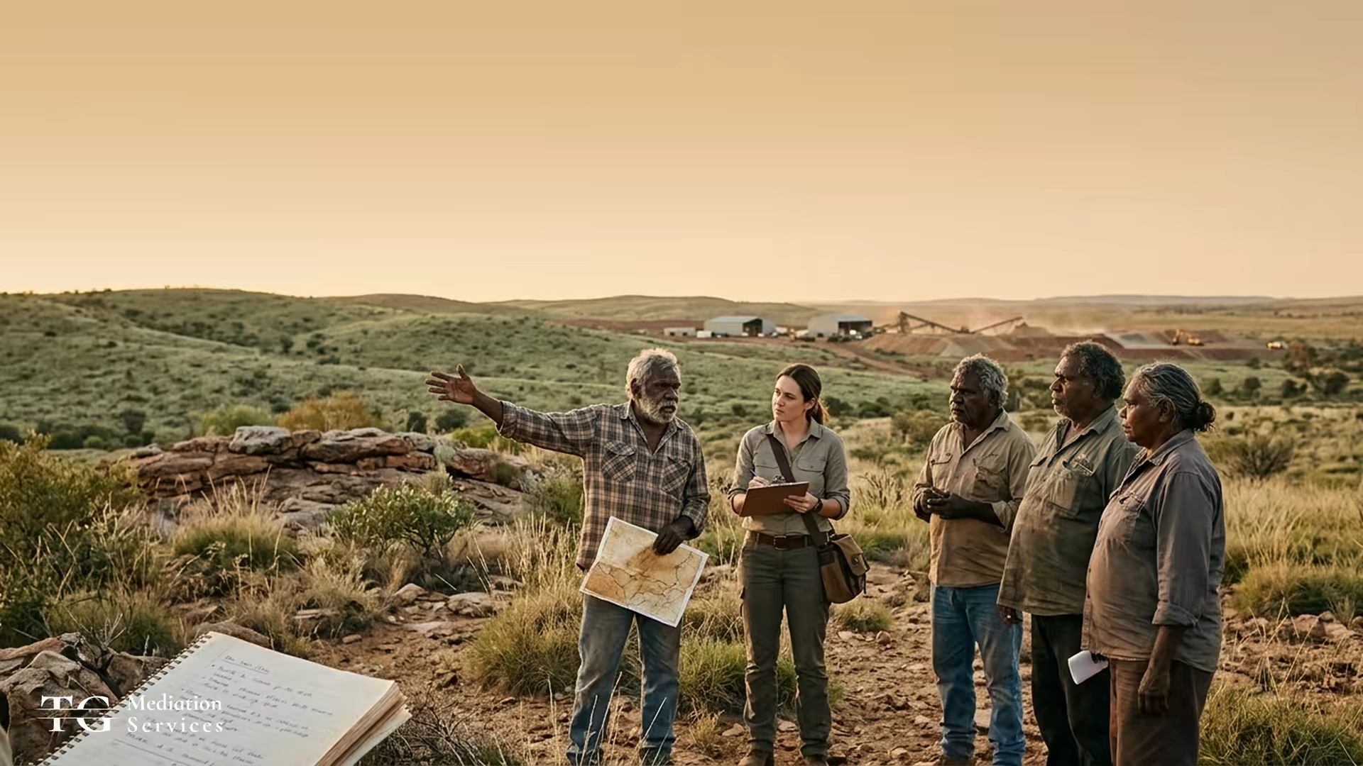 Community members and a heritage specialist examining a landscape beside a mining site.
