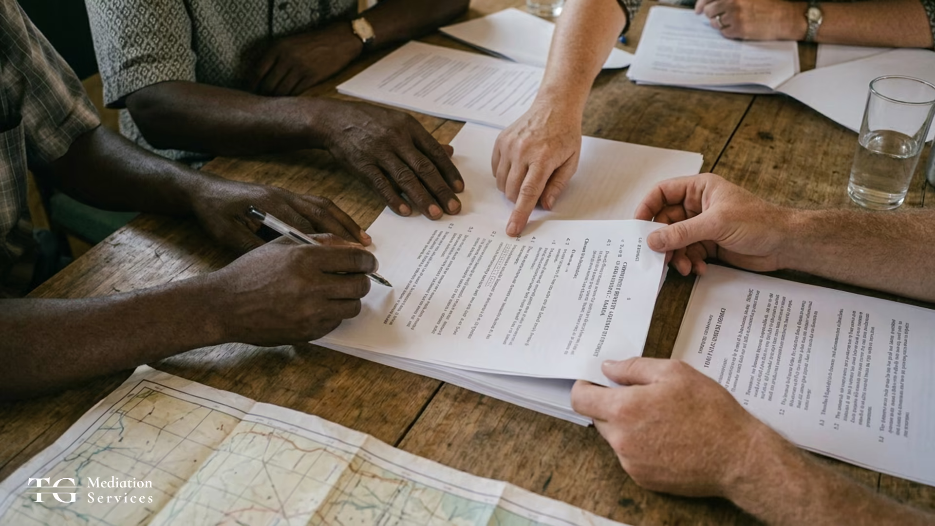 Hands mark up printed agreement pages on a wooden table while several people review documents and a map.