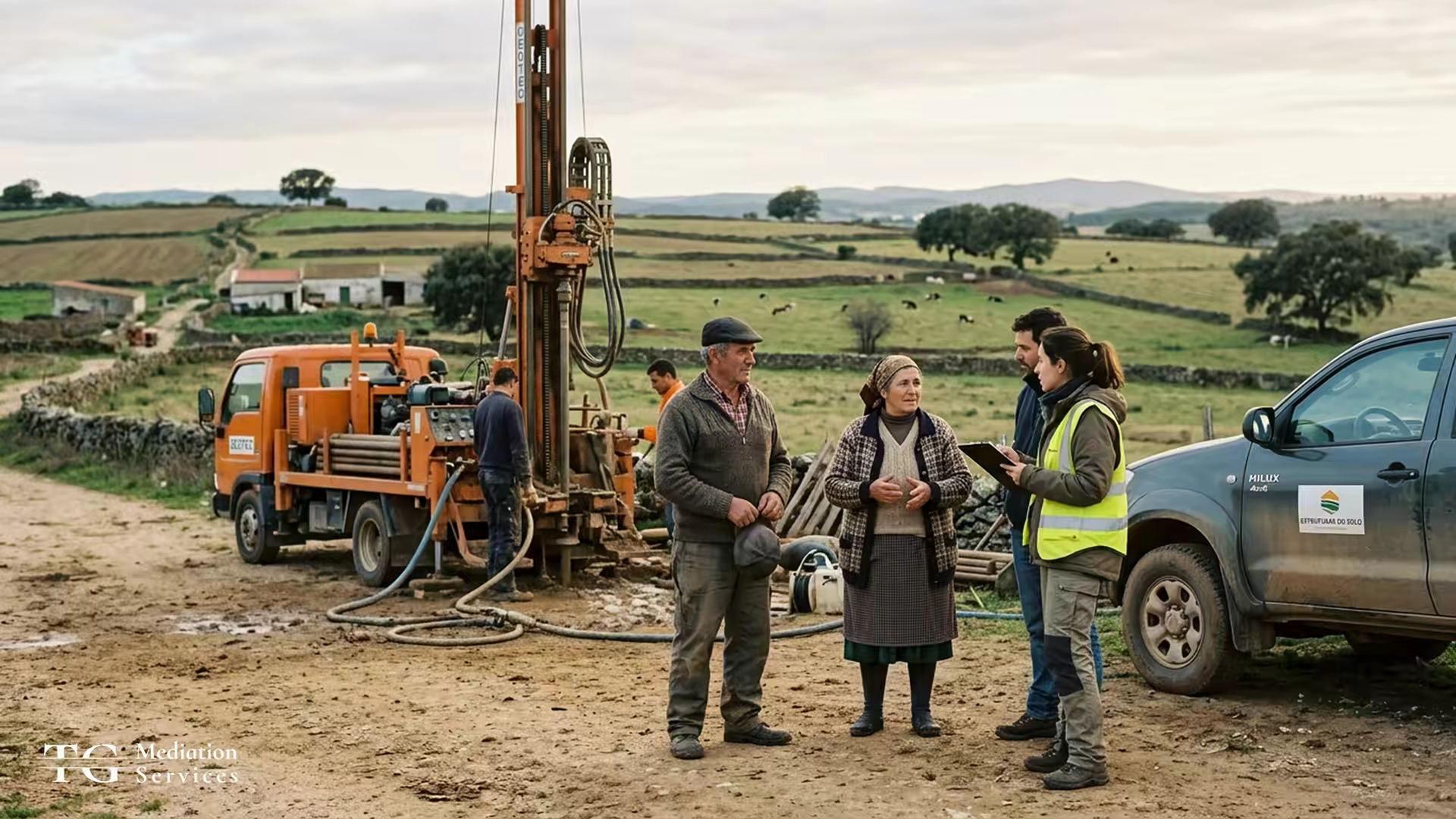 Community members and exploration field staff in conversation beside a small drill rig at the edge of farmland during the exploration phase of a mining project.