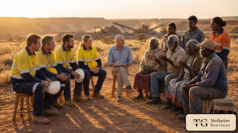 A bald male mediator sitting in a circle outdoors, facilitating a dialogue between mining company representatives in high-visibility vests and local community members to build social license.