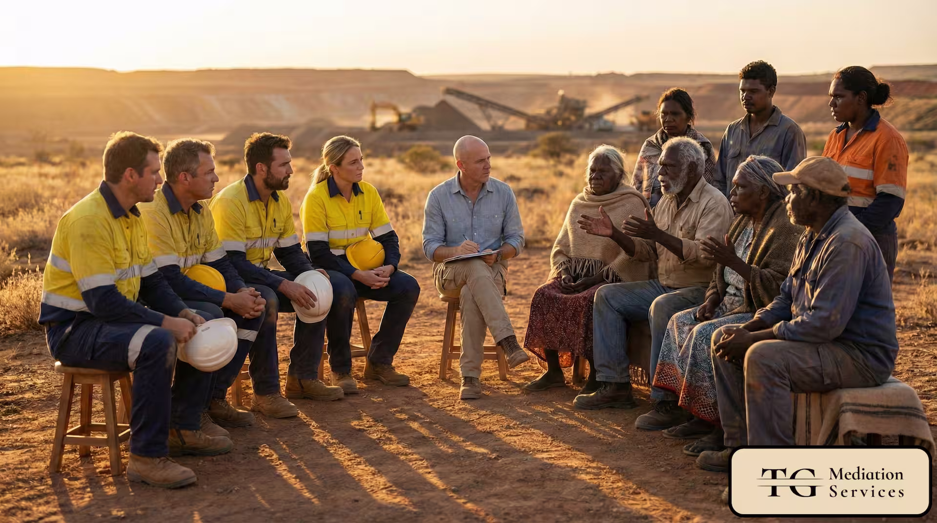 A bald male mediator sitting in a circle outdoors, facilitating a dialogue between mining company representatives in high-visibility vests and local community members to build social license.