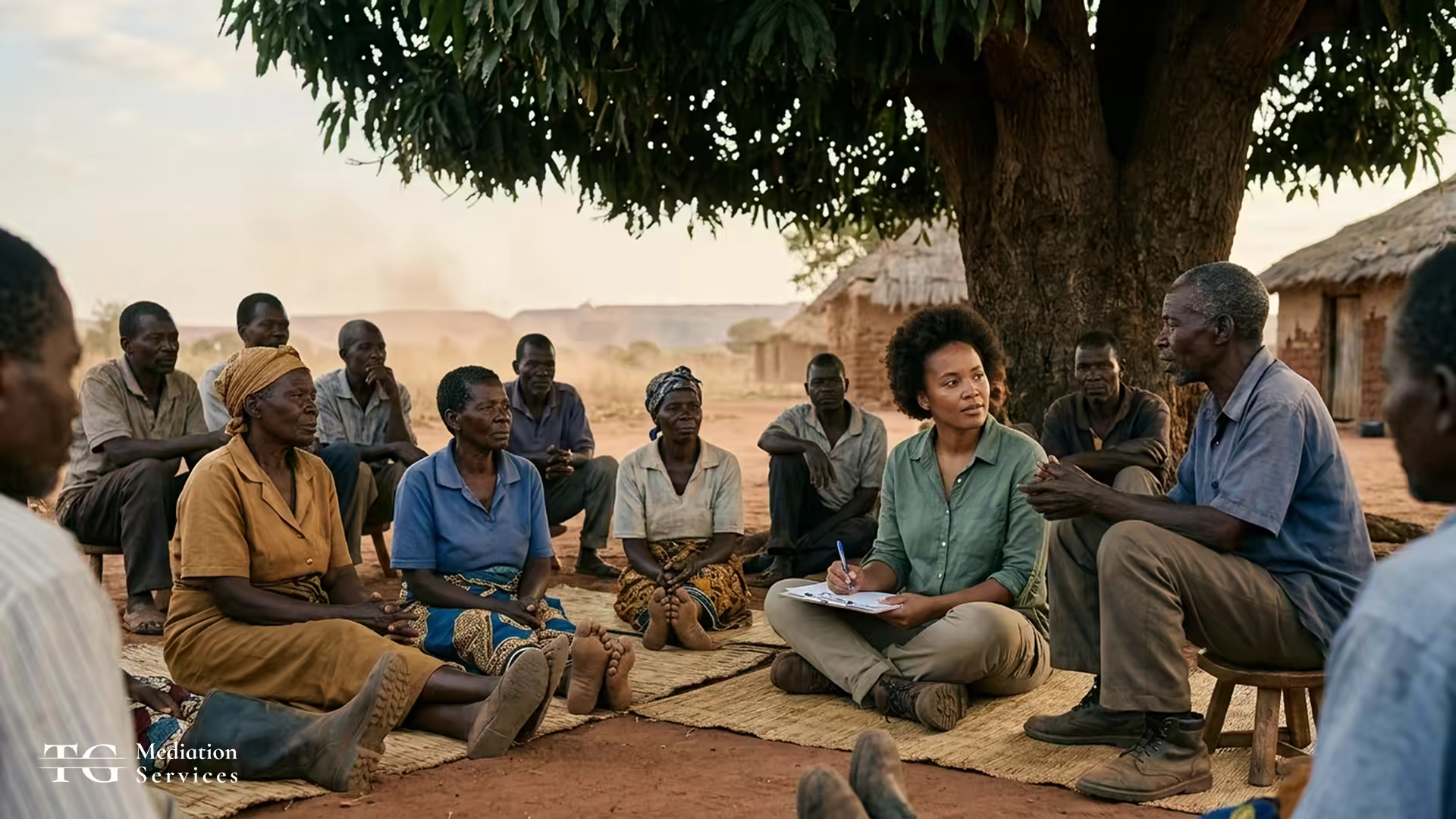 A facilitator takes notes during a seated community discussion in a rural village setting.