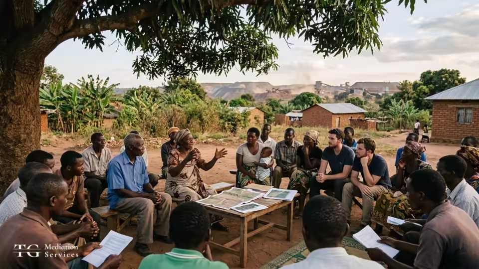 Mining community consultation under a tree, with residents, facilitators, and maps on a table.