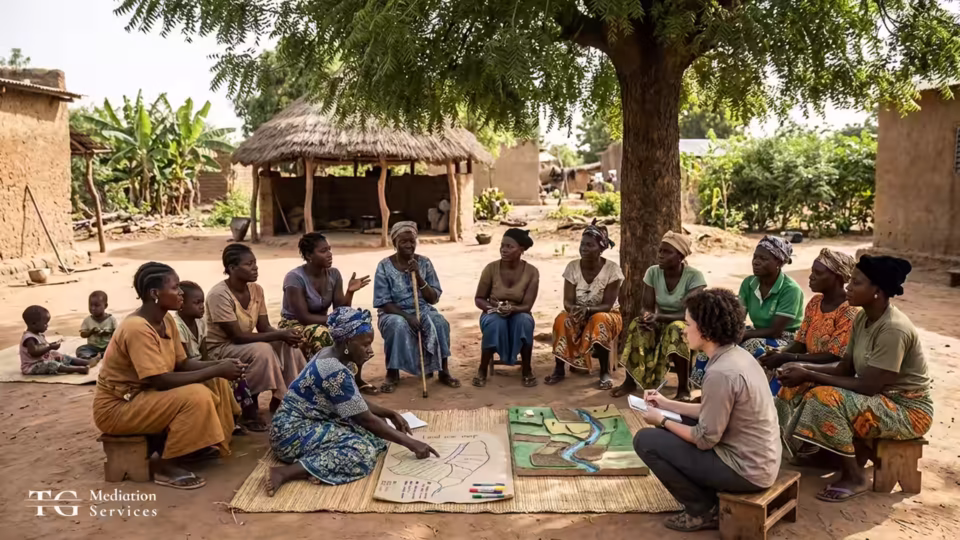 Women discussing a land-use map with a facilitator in a village meeting.