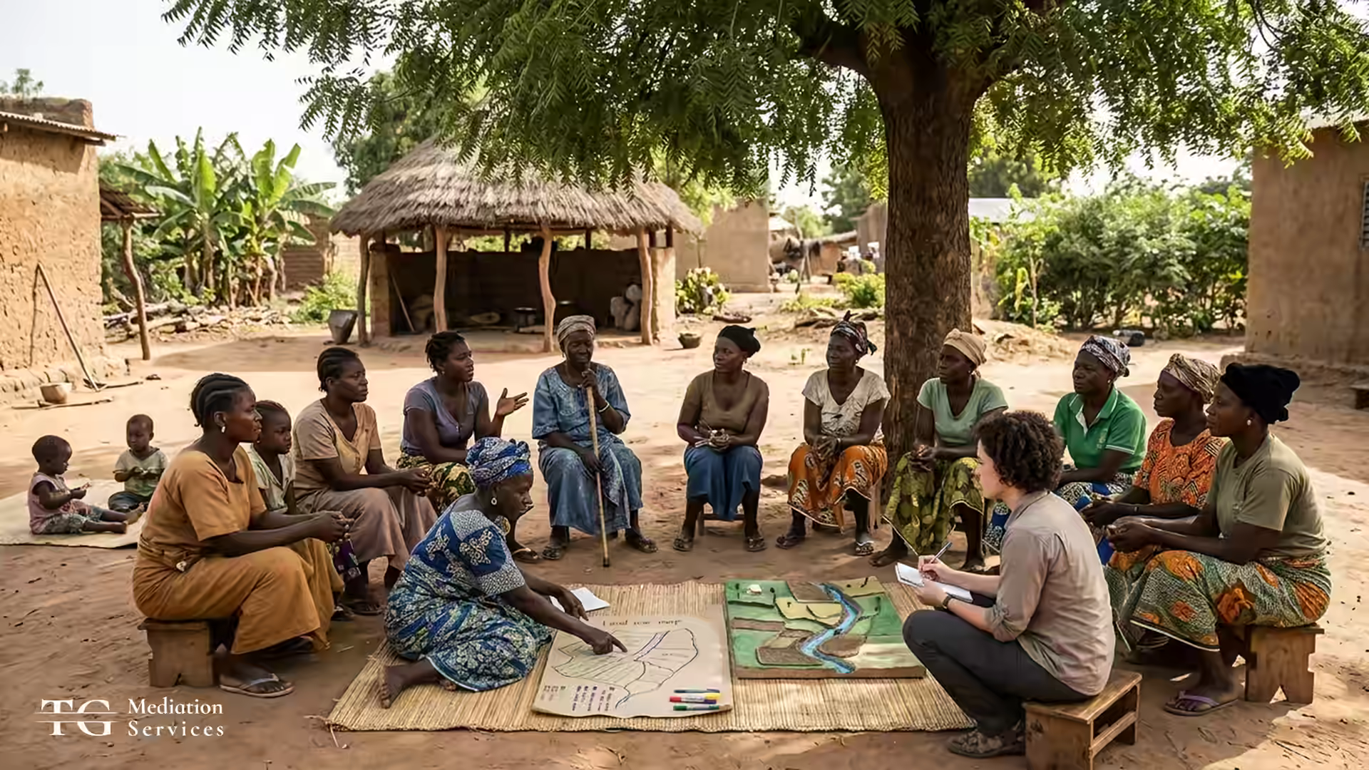 Women discussing a land-use map with a facilitator in a village meeting.