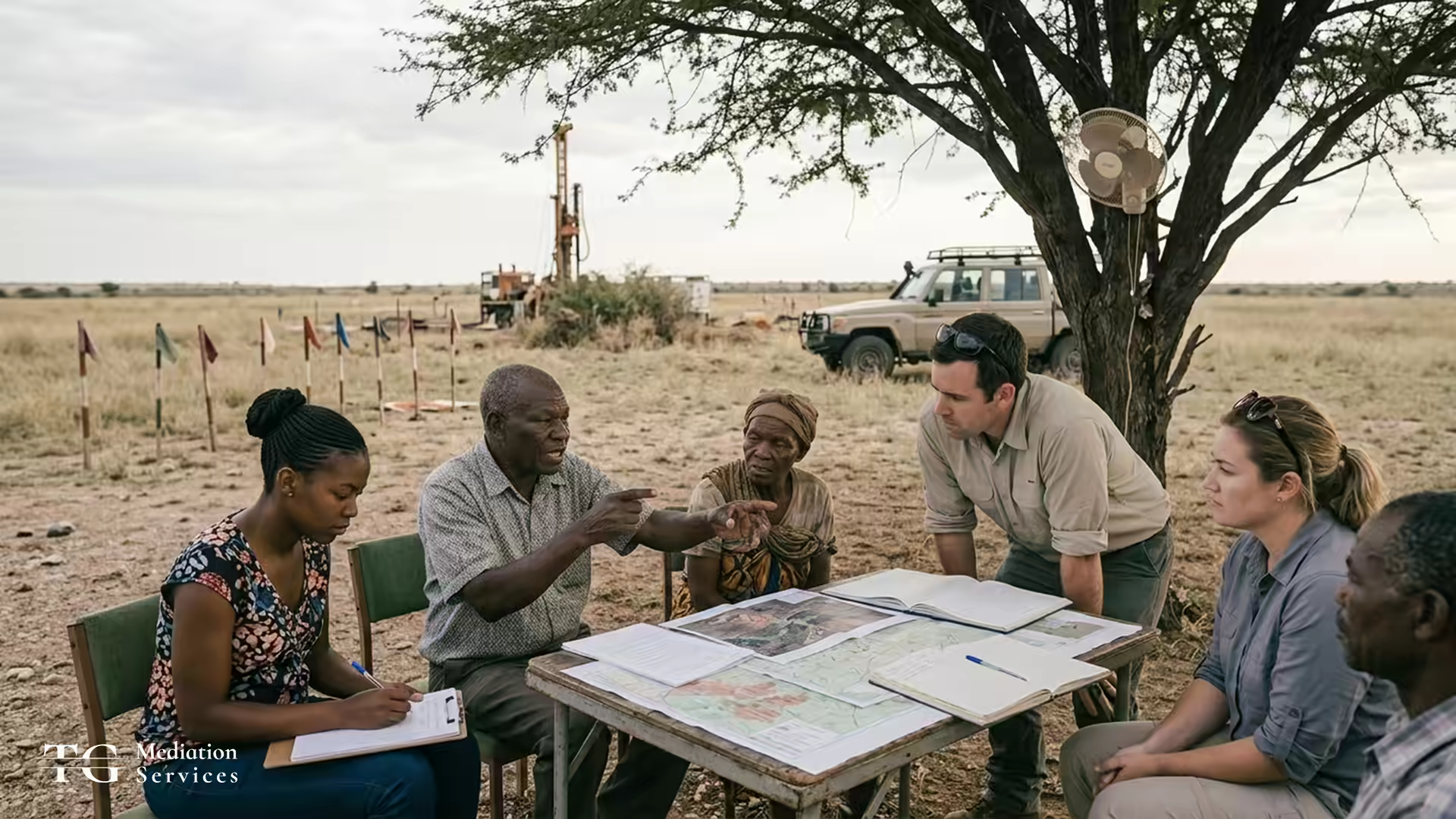 Community representatives and mining staff discuss maps at an outdoor table near drilling equipment and a field vehicle.