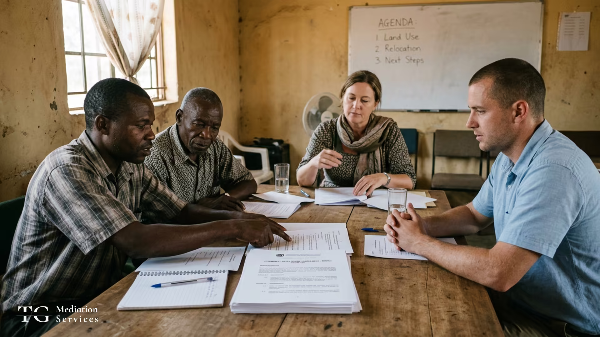 Four people review agreement documents at a wooden table in a meeting room, with an agenda board listing land use, relocation, and next steps.
