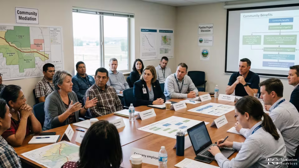 Multi-stakeholder roundtable session for a pipeline project community mediation process, with government representatives, community members, and pipeline company staff seated around a conference table. A "Community Benefits" flowchart is projected on screen, maps of ecological and residential zones are posted on the wall, and name placards identify participants from community, government, and company delegations. TG Mediation Services branding is visible in the lower right corner.