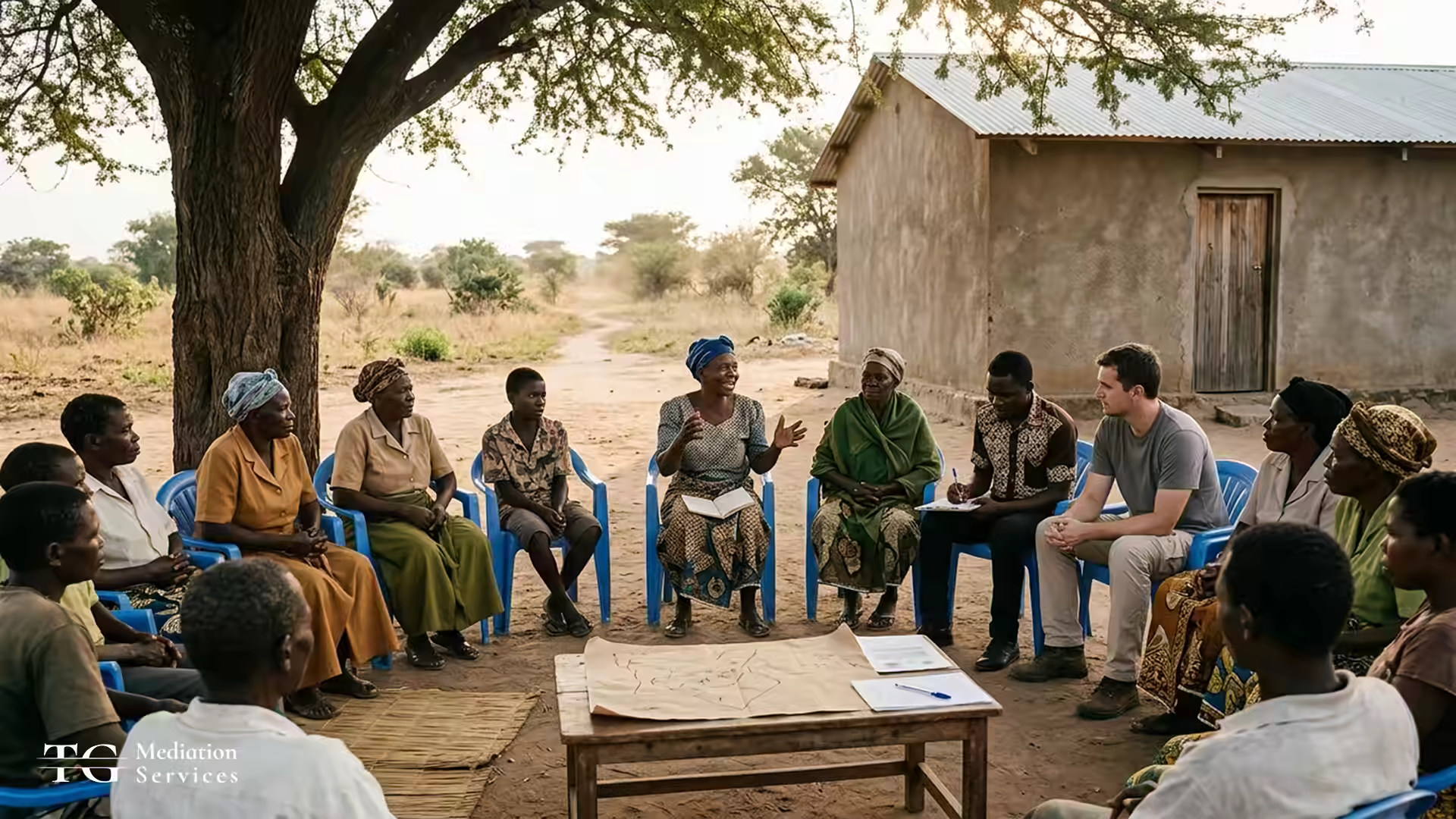 Community members of mixed age and gender sit in an open circle with a mining-company representative during an outdoor village engagement session.