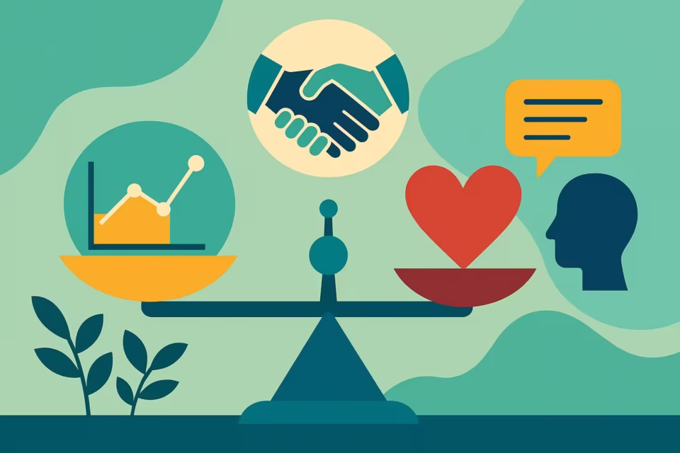ESG-style illustration of a balanced scale weighing technical data against emotional concerns, representing mediation in mining disputes.