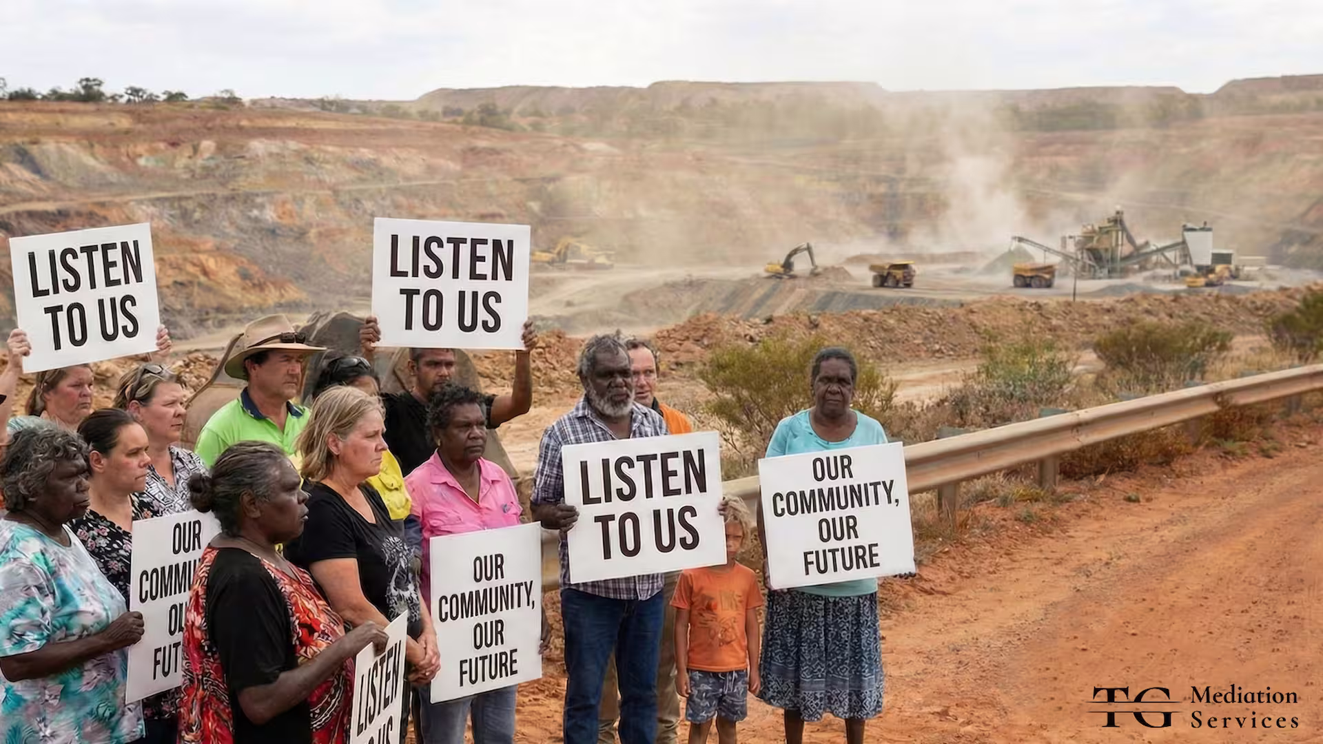 Indigenous and local community members holding "Listen To Us" and "Our Community, Our Future" signs in front of an active open-cut mine, calling for meaningful consultation.