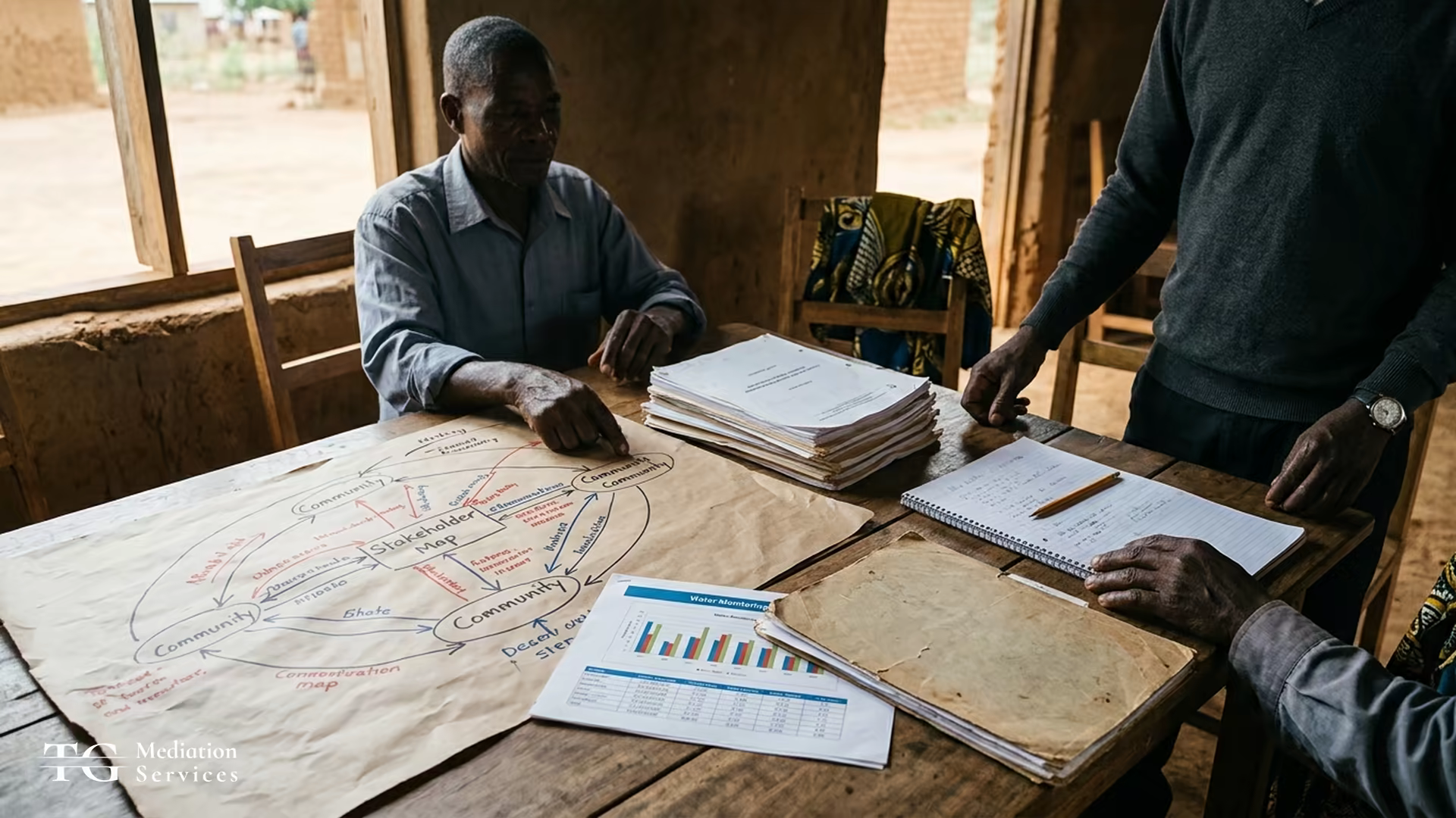 Mediation participants reviewing a hand-drawn stakeholder map, reports, notebooks, and a water-monitoring chart.