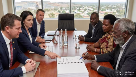 Mining company representatives and community delegates negotiating a benefit agreement at a boardroom table, with a mine site visible in the background.