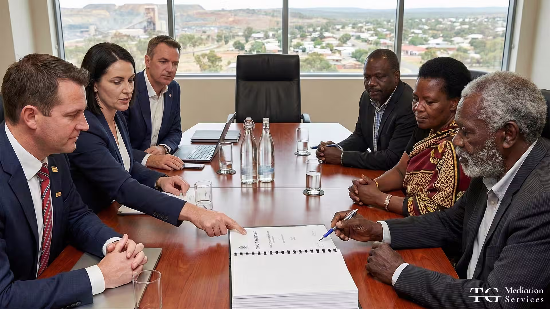Mining company representatives and community delegates negotiating a benefit agreement at a boardroom table, with a mine site visible in the background.