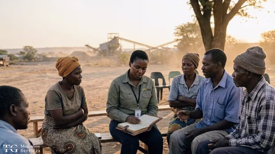 Community liaison officer records concerns from local residents near a mining site as part of early warning monitoring.