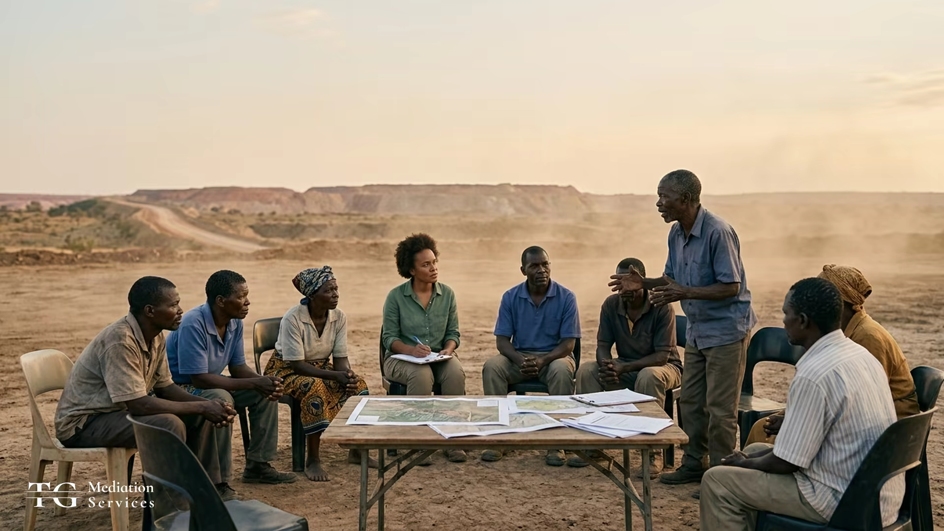Community representatives sit around maps and documents during an outdoor consultation meeting near a mine site.