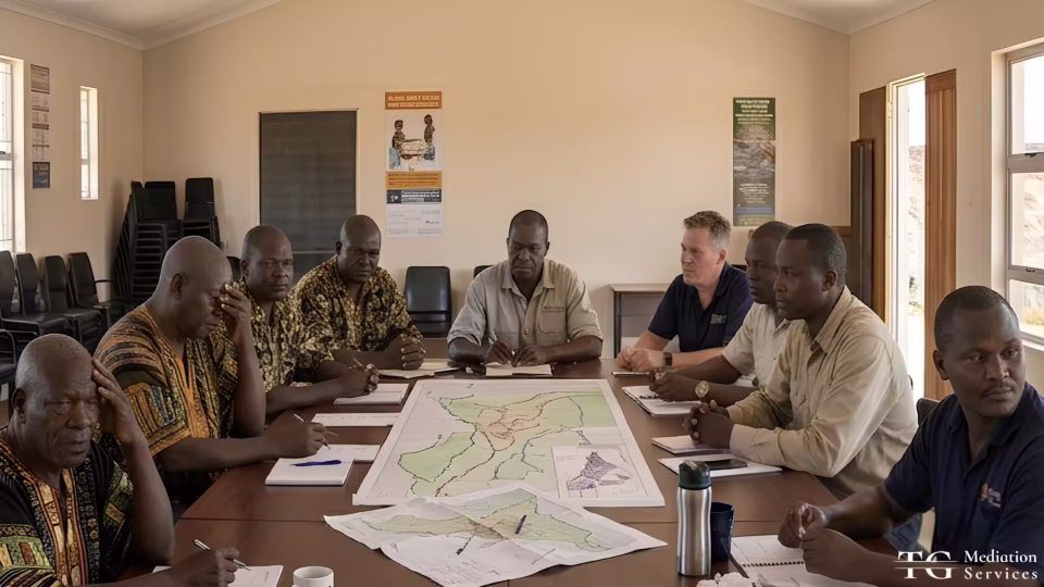 A mixed group of mining company representatives and community members seated around a table in a structured mediation session, with a large land and territory map spread across the centre of the table.