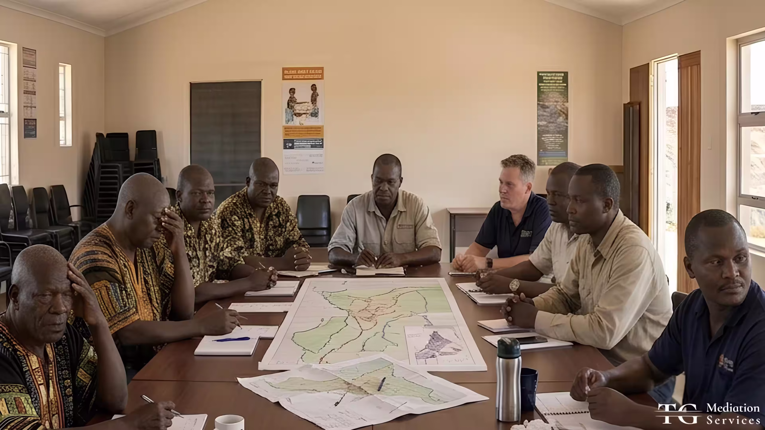 A mixed group of mining company representatives and community members seated around a table in a structured mediation session, with a large land and territory map spread across the centre of the table.