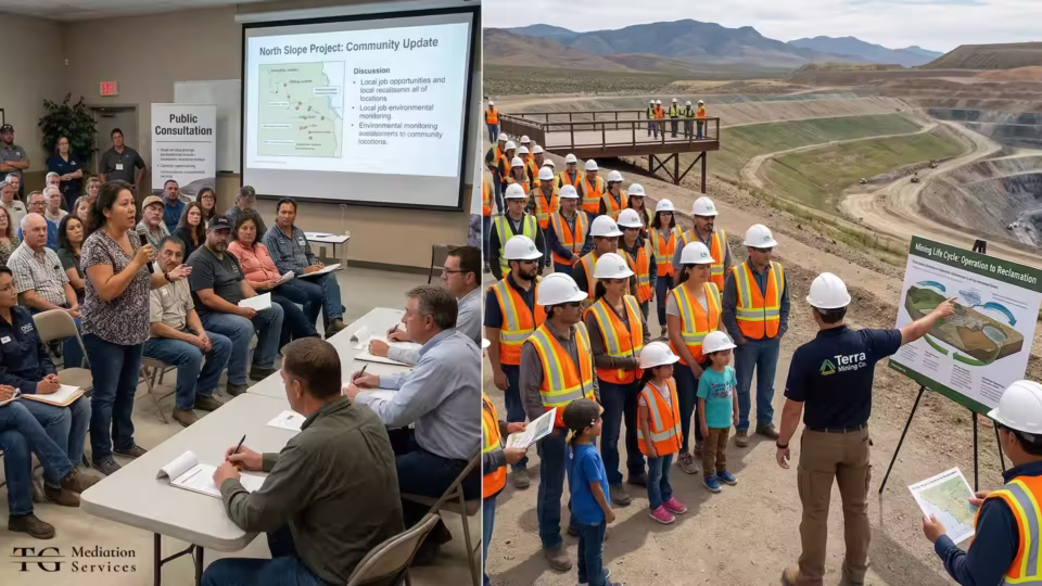 Two-panel image illustrating community relations in mining: on the left, an indigenous community member addresses company representatives and residents at a public consultation meeting for the North Slope Project; on the right, a group of community members in safety vests and hard hats receives a briefing on the mining life cycle during an open-pit site tour by Terra Mining Co.