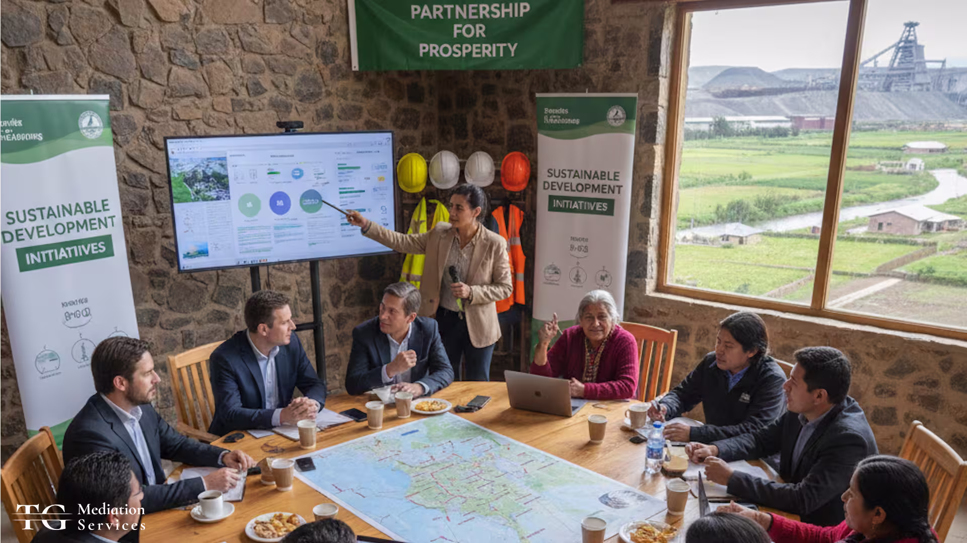 Diverse group of community members and mining company representatives attending a sustainable development stakeholder meeting, with mining infrastructure visible in the background