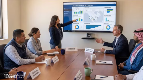 Community stakeholders and mining company representatives review social performance metrics dashboard during a quarterly stakeholder engagement meeting.