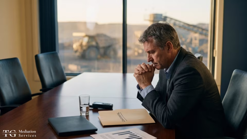 Mining executive seated alone in a boardroom beside a confidential file, considering whether to call an external mediator